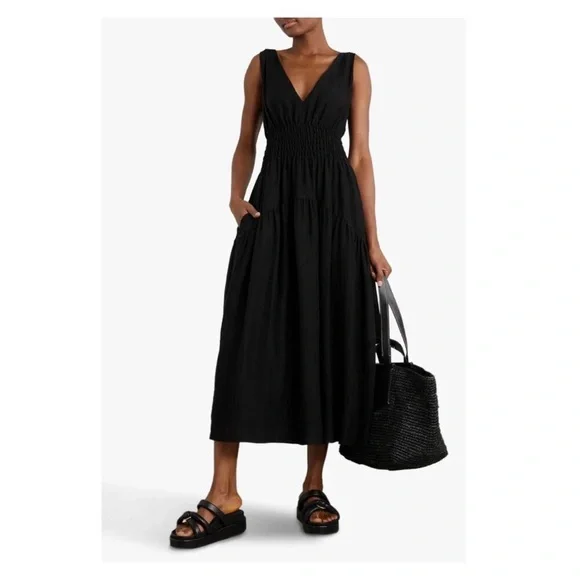 H&M Black Smocked Waist V Neck Sleeveless Midi Dress - Picture 1 of 11